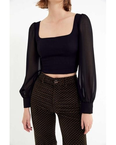 Urban Outfitters Uo Lena Sheer Sleeve Square Neck Blouse - Black