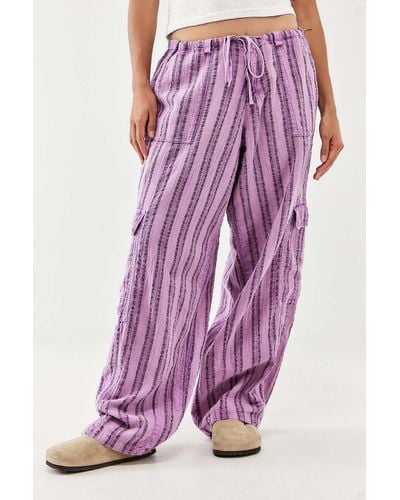 BDG Cody Striped Linen Cocoon Cargo Trousers - Purple