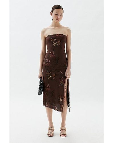 Urban Outfitters Uo Samara Mesh Strapless Slit Midi Dress - Brown