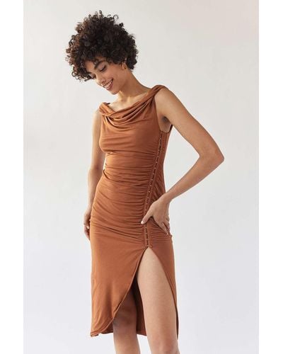 Urban Outfitters Uo Giselle Ruched Side Split Midi Dress - Brown