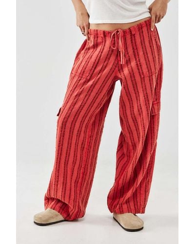 BDG Cody Striped Linen Cocoon Cargo Trousers - Red