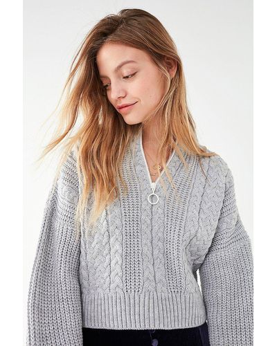 Urban Outfitters Uo Cable Knit Half-zip Sweater - Gray