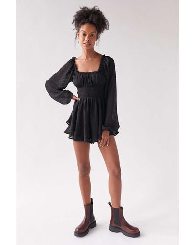 Urban Outfitters Uo Rosie Smocked Long Sleeve Romper - Black