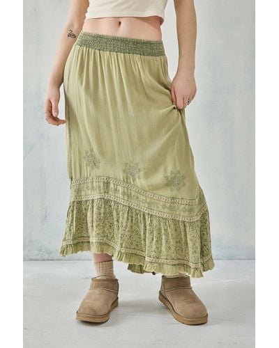 Urban Outfitters Uo Embroidered Acid Wash Asymmetrical Prairie Maxi Skirt - Green