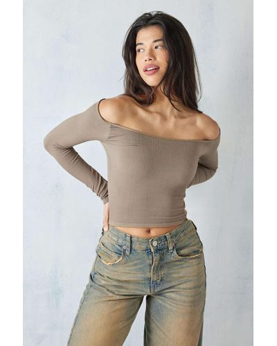 Urban Outfitters Uo Nori Seamless Off-the-shoulder Crop Top - Brown