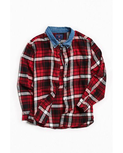Urban Outfitters Vintage Contrast Denim Collar Flannel Button-down Shirt - Red