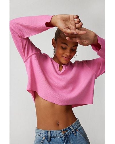 Urban Outfitters Uo Parker Notch Neck Ribbed Long Sleeve Top - Pink