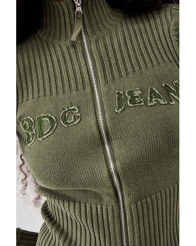 BDG Khaki Zip-Through Distressed Knit Track Top - Green