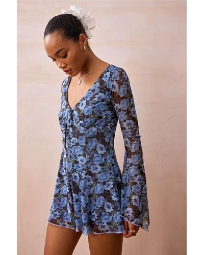 Urban Outfitters Eva Floral Mesh Playsuit - Blue
