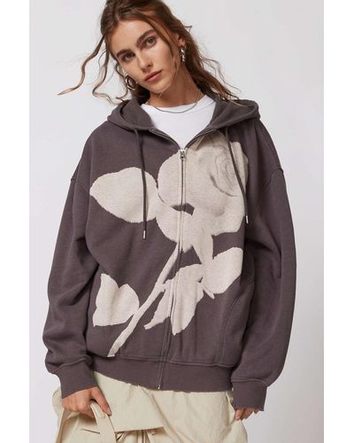 Urban Outfitters Uo Rose Zip-up Hoodie Sweatshirt In Black,at - Brown