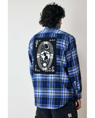 Urban Renewal Remade From Vintage Check Flannel Patch Shirt At Urban Outfitters - Blue