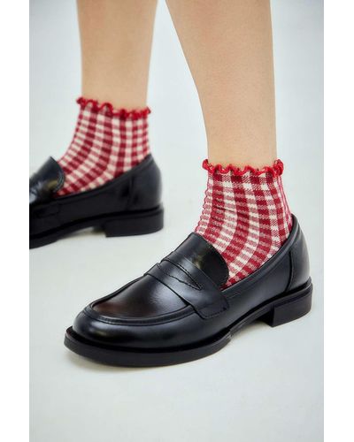 Out From Under Gingham Lettuce Edge Socks - Red