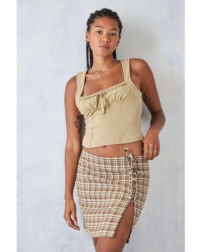 Daisy Street Check Lace-up Mini Skirt - Brown