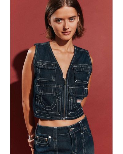 True Religion Super Cropped Denim Utility Vest Jacket In Rinsed Denim,at Urban Outfitters - Blue