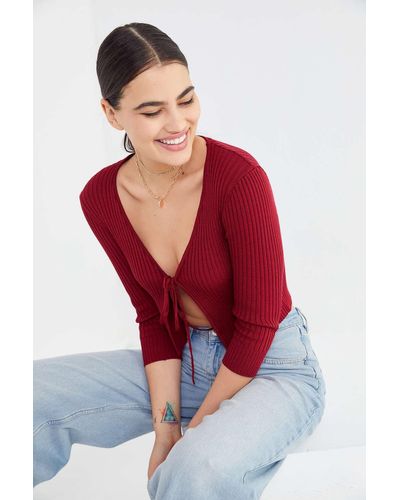 Urban Outfitters Uo Noor Ribbed Tie-front Cardigan - Red