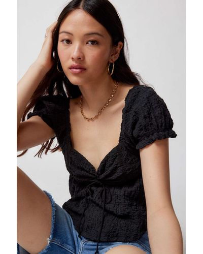 Urban Outfitters Uo Beverly Textured Lace-up Babydoll Blouse - Black