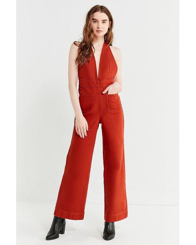 Urban Outfitters Uo Eleanor Plunging Denim Jumpsuit - Red