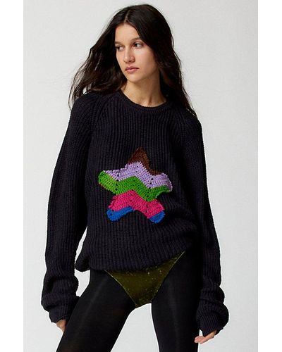 Urban Renewal Remade Crochet Star Patch Crew Neck Sweater - Black