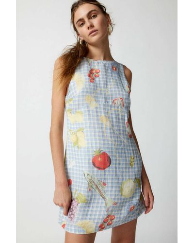 Urban Outfitters Uo Charlotte Linen Printed Shift Dress - Blue