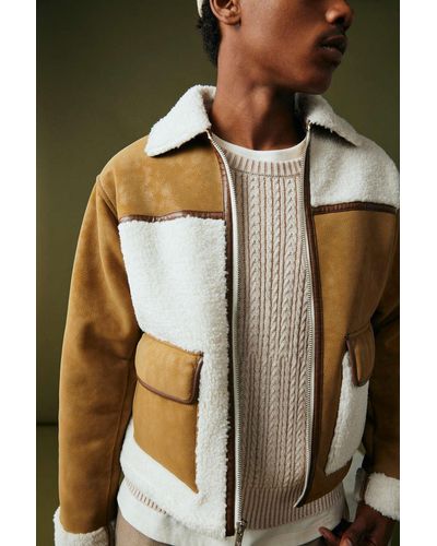 Standard Cloth Blocked Faux Shearling Jacket In Brown,at Urban Outfitters