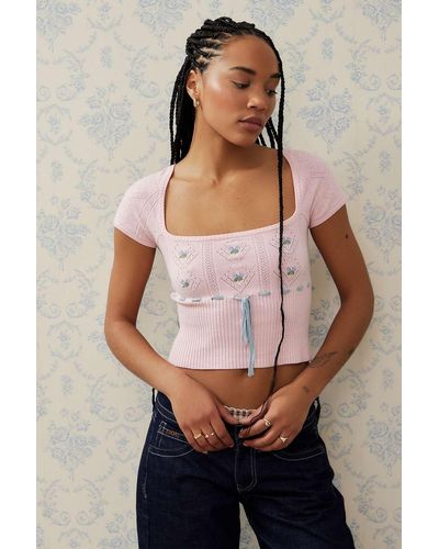 Urban Outfitters Uo Edison Embroidered Short-sleeved Ribbon-tie Top - Pink