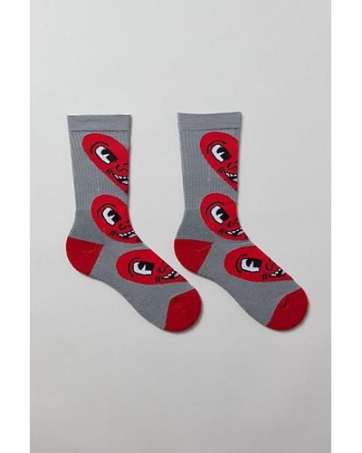 Urban Outfitters Keith Haring Oversized Heart Pattern Crew Sock - Red
