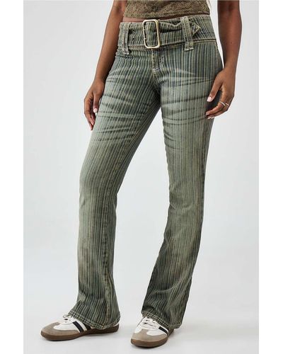BDG Tinted Stripe Belted Flare Jeans - Green
