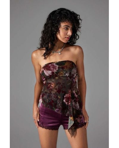 Urban Outfitters Uo Indie Flocked Floral Asymmetric Bandeau Top - Brown