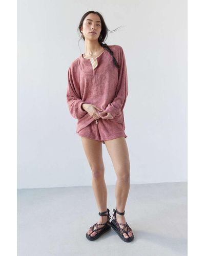 Out From Under Veronica Soft Terrycloth Popover Sweatshirt In Rose,at Urban Outfitters - Red