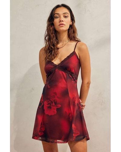 Urban Outfitters Uo Lace Insert Red Bloom Print Mesh Mini Dress