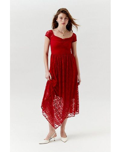 Urban Renewal Remnants Lace Cap Sleeve Asymmetric Maxi Dress - Red