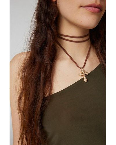 Urban Outfitters Etched Cross Corded Wrap Necklace - Brown