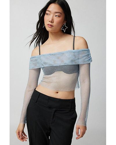 Urban Outfitters Uo Diana Diamante Fishnet Off-The-Shoulder Top - Blue