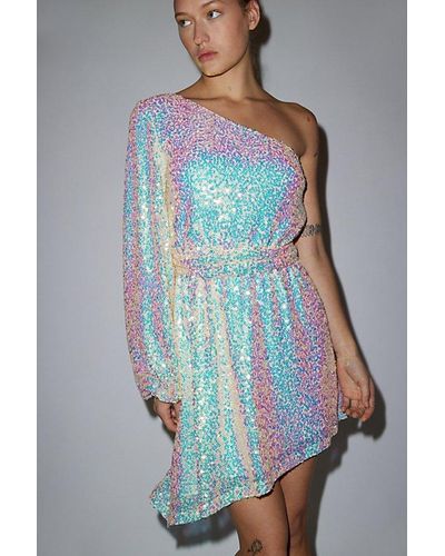 Glamorous Iridescent Sequin One Shoulder Mini Dress - Blue