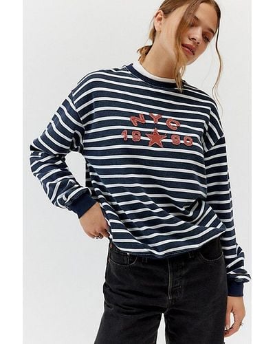 Urban Outfitters Nyc 1990 Applique Graphic Striped Crew Neck Sweatshirt - Blue