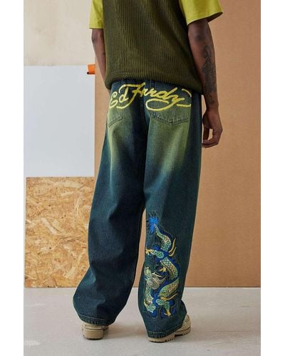 Ed Hardy Uo Exclusive Blue Tint Denim Dragon Jeans - Green
