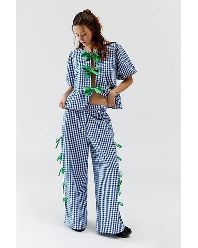 Urban Outfitters Neon Rose Bow Gingham Pant - Blue