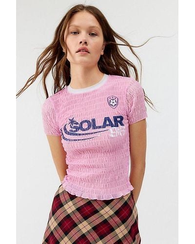 Urban Outfitters Solar Smocked Mesh Baby Tee - Red