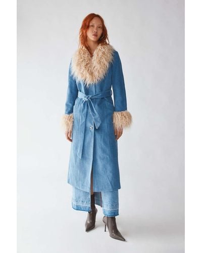 Urban Outfitters Uo Tasha Faux Fur Corduroy Longline Coat Jacket In Blue,at