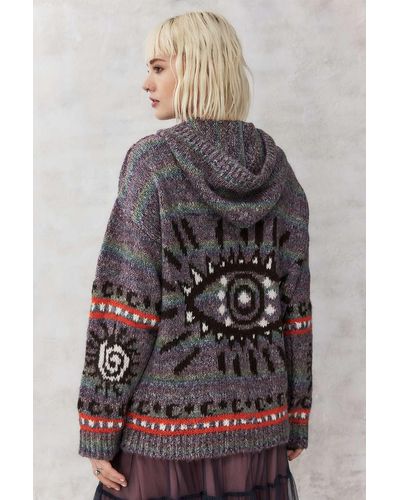 Urban Outfitters Uo - strick-hoodie mit wirbelprint und sonnenmotiv in spacedye-optik - Grau
