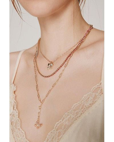 Urban Outfitters Rhinestone Butterfly Layered Necklace - Natural