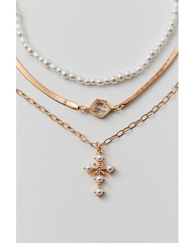 Urban Outfitters Delicate Pearl Cross Layering Necklace Set - Gray