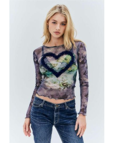 Urban Outfitters Uo Maisie Butterfly Ruffle Heart Mesh Top - Blue