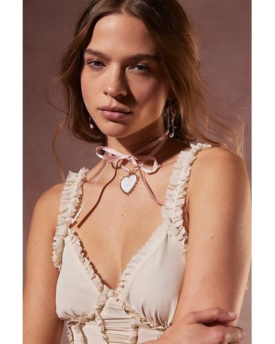 Urban Outfitters Rhinestone Heart Ribbon Necklace - Brown