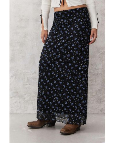 Urban Outfitters Uo Black Ditsy Floral Mesh Maxi Skirt - Blue