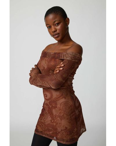 Urban Outfitters Uo Isla Long Sleeve Off-the-shoulder Mini Dress - Brown