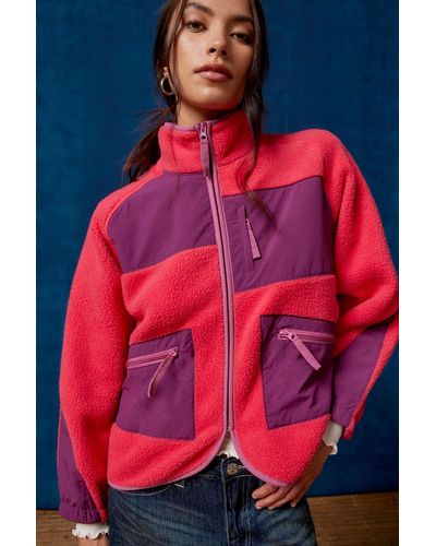 BDG Bruce Fleece Spliced Zip-up Jacket In Plum,at Urban Outfitters - Red