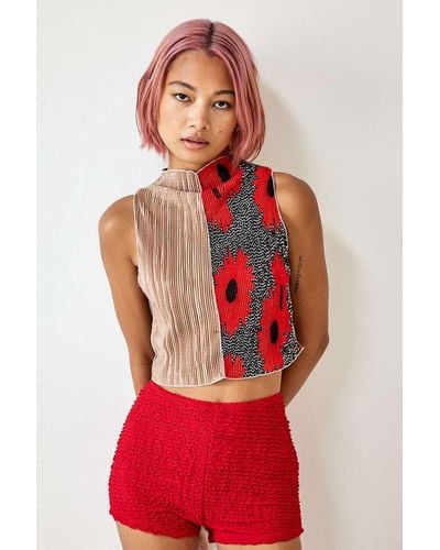 Urban Renewal Remade From Vintage Spliced Plisse Tank Top M/l At Urban Outfitters - Red