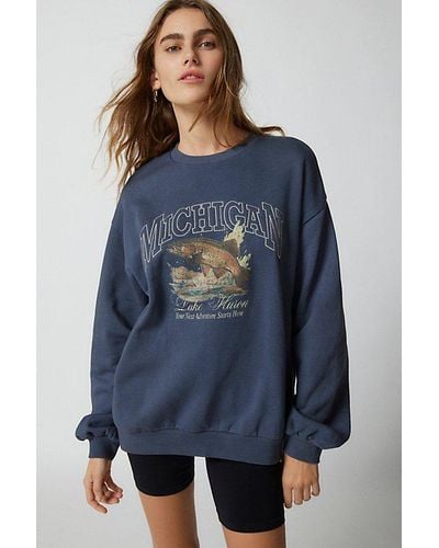 Urban Outfitters Michigan Lake Huron Embroidered Pullover Sweatshirt - Blue