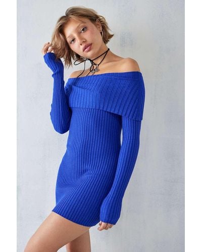 Urban Outfitters Uo Tori Off-the-shoulder Knit Mini Dress - Blue